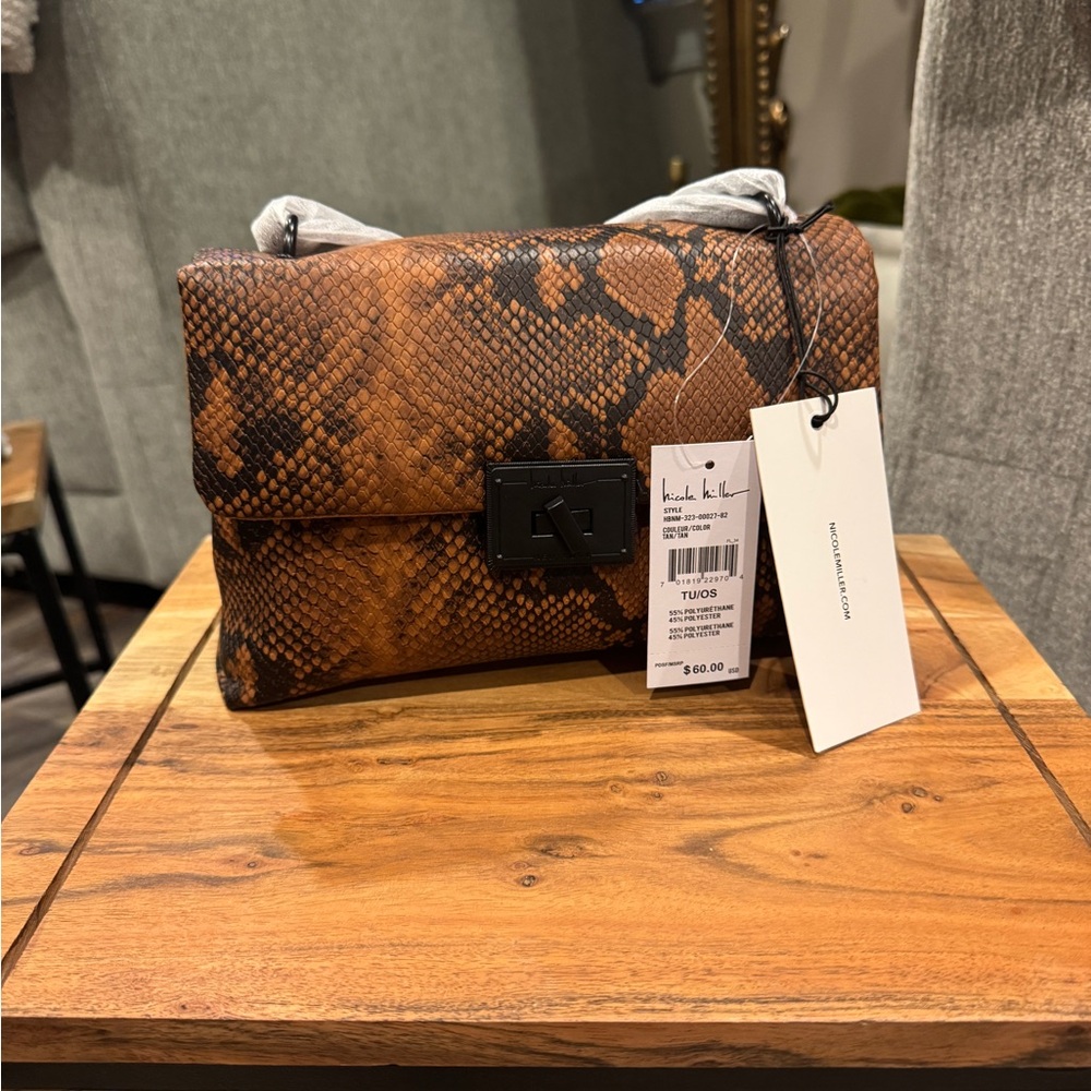 Nicole Miller Crossbody Bag in Brown and Black with Snakeskin Texture